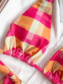 Swim Vcay Women's Plaid Print Triangle Cup Tie Halter Bow Sexy Tropical Bikini High Leg Two Pieces Swimwear Set Beach Party Pink Orange Summer - Multicolor - View 6