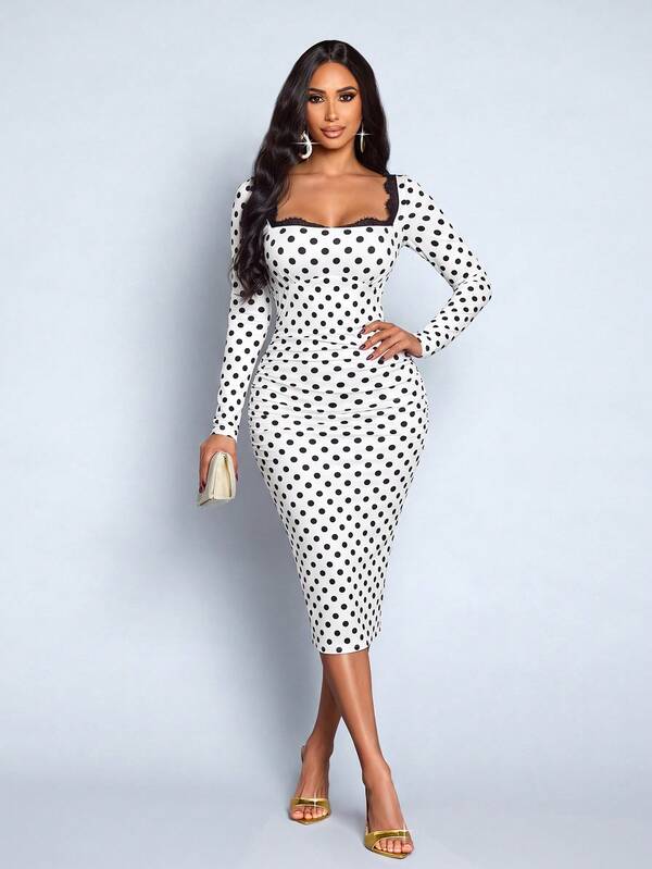SOLERSUN Women's Casual Elegant Black & White Polka Dot Print Mid-Length Bodycon Dress With Lace Trim, Square Neck, Long Sleeve, Ruched Waist, Slim Fit Pencil Skirt, French Vintage Style, Suitable For Date, Cocktail Party, Daily Wear, Brunch Outfit (Random Floral)