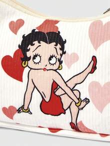 Betty Boop x SHEIN حقيبة كتف مطبوعة بالحب، حقيبة تحت الإبط من المخمل المضلع، مناسبة للاستخدام اليومي العادي - كرتون - مشاهدة 3