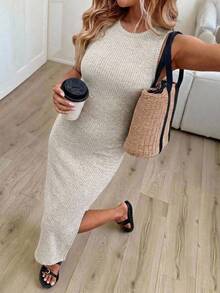SHEIN LUNE Women's Textured Ribbed Fabric Mid-Length Bodycon Dress - Apricot - View 3