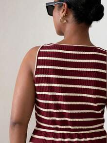 ELLERISSA Plus Size Red & White Stripe Round Neck Sleeveless Front Button Waffle Knit Mini Dress - Red and White - View 2