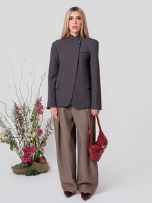 PRISCILA ESCOTO PRISCILA ESCOTO Stand Collar Oblique Placket Blazer, Crafting A High-End Business Look Fall - Grey - View 1