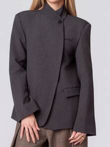 PRISCILA ESCOTO PRISCILA ESCOTO Stand Collar Oblique Placket Blazer, Crafting A High-End Business Look Fall - Grey - View 3