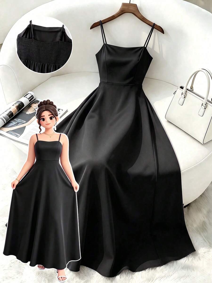 GlowEve CURVE Plus Size Women's Elegant Solid Color Spaghetti Strap Backless Cinched Waist A-Line Dress, Suitable For Summer Casual Vacation - Black - View 1