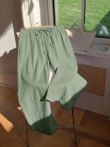 GalTyme Plus Size Women's Solid Color Drawstring Waist Casual Versatile Daily Wear Long Pants Fall - Green - View 3
