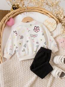 SHEIN 新生兒塗鴉花卉印花肩扣抓絨加厚上衣休閒百搭內搭長褲套裝，適合冬季 - 杏色 - 查看 2