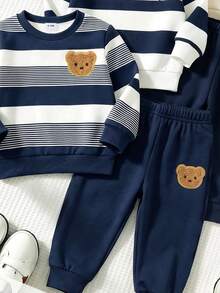 SHEIN 1 Random Set, Minimalist Casual Logo Striped Element Graphic Print Crew Neck Long Sleeve Sweatshirt With Logo Striped Print Long Sweatpants - Multicolor - View 4