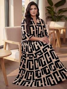 Auveirra Plus Size Women's Geometric Print V-Neck 3/4 Sleeve Ruffle Hem Loose Fit Dress - Multicolor - View 3