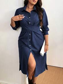 Vionelle 大码纯色前扣长袖休闲迷你连衣裙长款女装 - 藏蓝色 - 查看 3