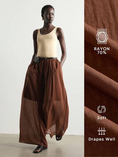 Aalyst Women's Solid Color Sheer Fabric Lined Voluminous Ruched Back Waist Elastic Adjustable Side Pockets Wide Leg Coffee Brown Long Pants French Elegant Sophisticated Formal Office Commute Casual Beach Vacation Sand Style Minimalist Afternoon Tea Gathering Home Leisure Comfortable Summer Long Pants