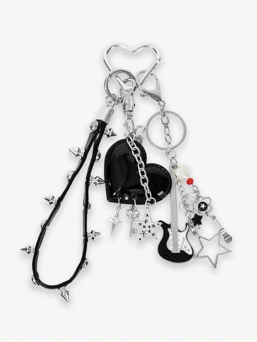 Viva Strut A Y2K Millennial Sweet And Cool Hot Girl With Bright Black Love Electric Guitar Rivet Leather Rope DIY Keychain Bag Pendant - Black and White - View 1