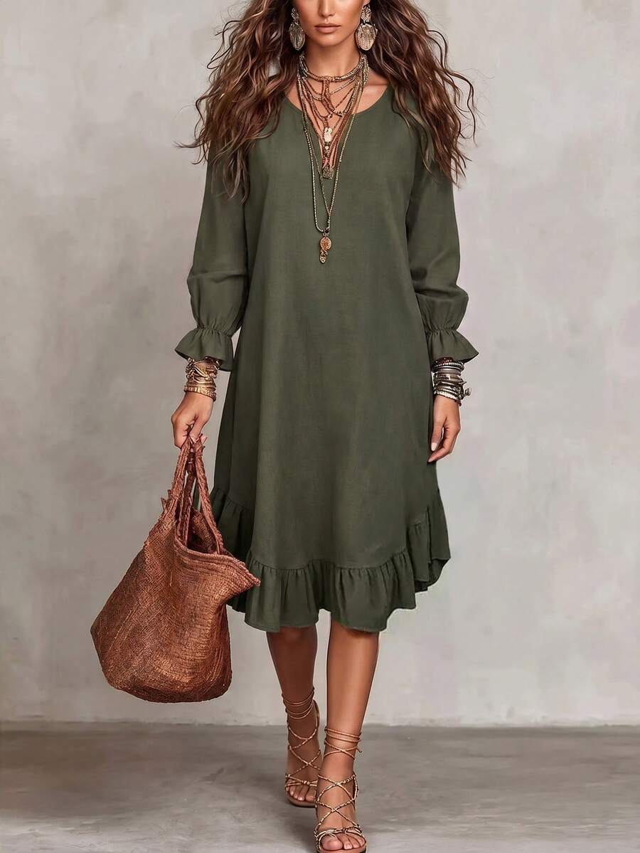 SHEIN فستان نسائي منسوج كاجوال للمنتجعات في فصل الخريف - أخضر عسكري - مشاهدة 1
