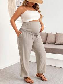 Plussiva Plus Size Maternity Casual Versatile Long Pants - Khaki - View 3
