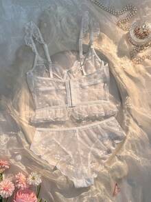 Crystal Vow Women's Lace Patchwork Spaghetti Strap Bra And Triangle Panty Sexy Lingerie Set - White - View 2