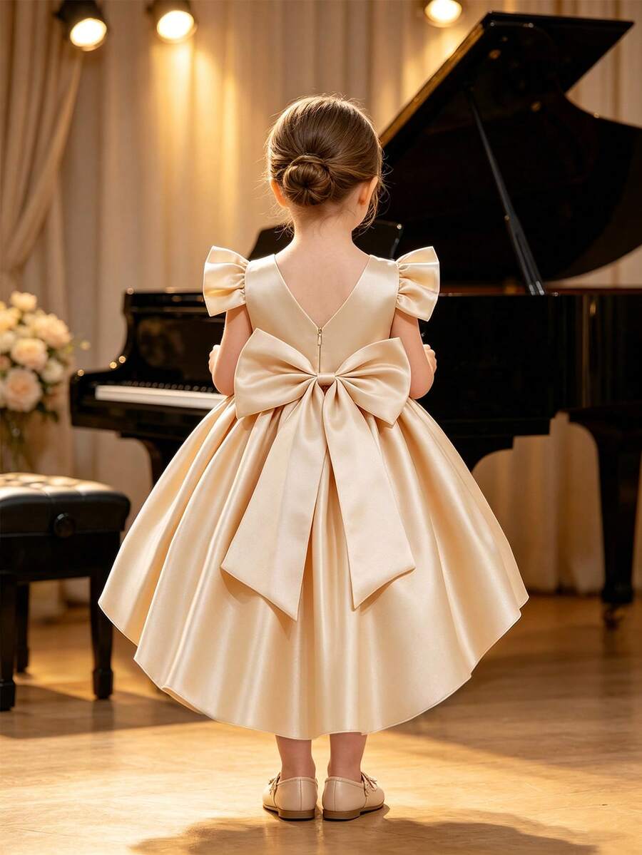 SHEIN Glamorique Kids 女嬰香檳金緞面公主優雅禮服，可拆卸大蝴蝶結背部設計，前短後長拖尾，適合1歲生日派對夏季穿著