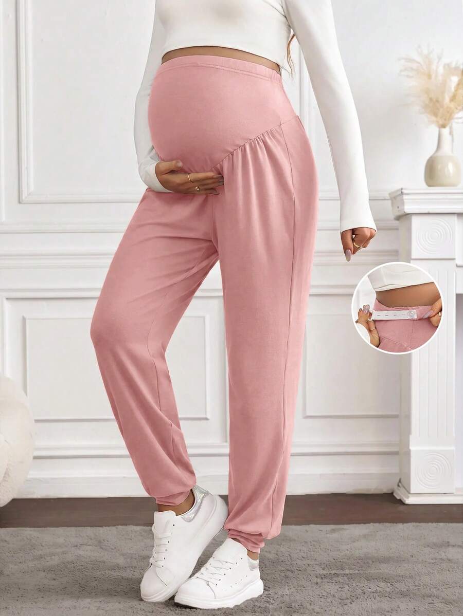 SHEIN 孕婦純色可調腰圍休閒日常穿著長褲 - 淺粉色 - 查看 1