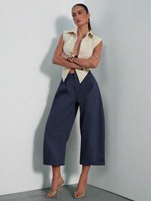 Hauture Women's Sexy Casual Office Barrel Wide Leg Shape Pants - Navy Blue - View 5