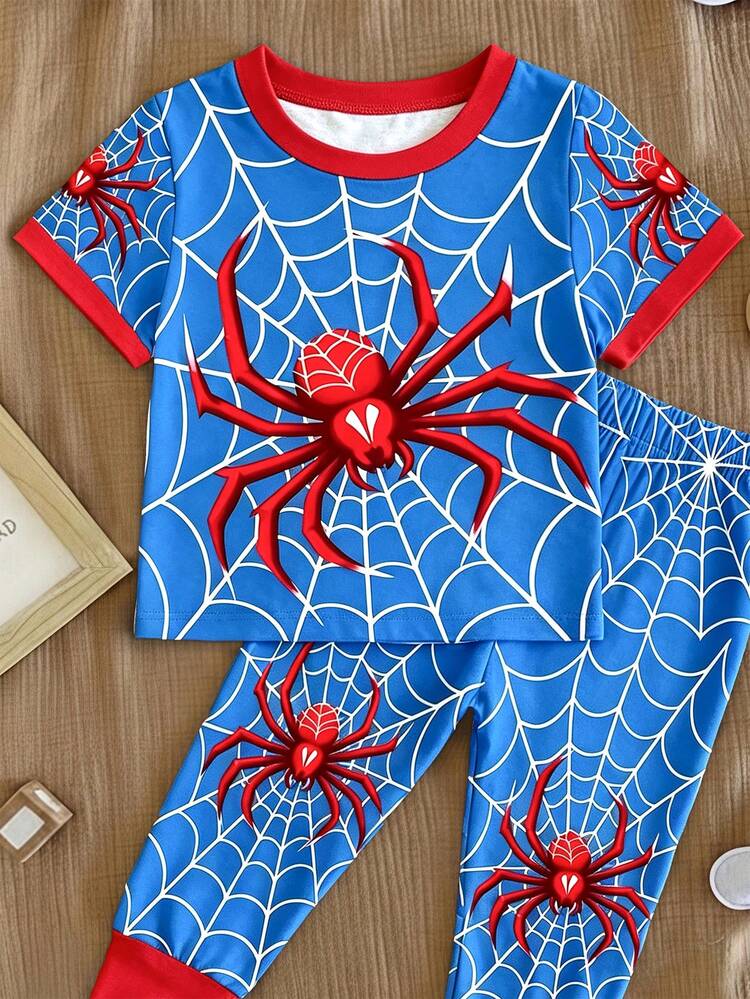 Young Boy Casual Minimalist Snug Fit Comfortable Crew Neck Short Sleeve Long Pants Loungewear Suitable For Spring And Summer - Blue - View 4