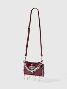 ROMWE Grunge Punk Red Cross Diamond Accessory Pendant Crossbody Bag - Burgundy - View 2