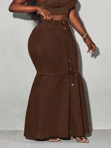 Slaydiva Plus Size Front Button Fishtail Extra Long Denim Skirt - Mocha Brown - View 6