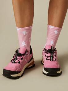 Missguided x Playboy Crew Socks With Allover Bird Print Ribbed Knit Cuff Casual Everyday Comfort Mid-Calf Length - Pink white - View 2