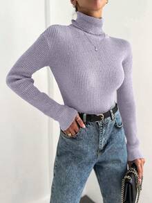 EURMUSE Turtleneck Ribbed Knit Drop Shoulder Sweater - Dusty Purple - View 4