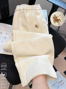 SHEIN LUNE 刺绣珠地网眼面料女式慢跑裤，休闲/运动服 - 米色 - 查看 3