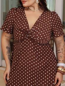 Bibi Tomais Plus Size Polka Dot Print Twist Knot Casual Vacation Dress - Coffee Brown - View 6