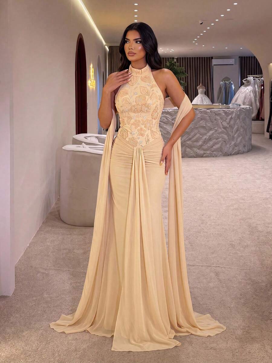 Glamrae Elegant Luxury Yellow Sequin Fabric Chiffon Patchwork Halter Neck Cup Pleated Decoration Flounce Mermaid Skirt Party Dress Wedding Guest Dress Summer - Yellow - View 1
