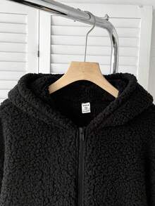 SHEIN 青少年女孩秋冬新款黑色雙面抓絨短款寬鬆休閒連帽外套 - 黑色 - 查看 3