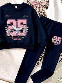 SHEIN 隨機發送 1 套，少女極簡休閒數字與字母印花圓領衛衣搭配同款圖案印花修身長褲套裝，以及豹紋蝴蝶結印花圓領衛衣搭配同款豹紋修身長褲套裝，適合秋冬日常穿著 - 彩色 - 查看 4