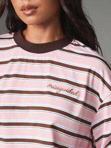 MISSGUIDED Atasan Lengan Panjang Bergaris Ukuran Besar dengan Manset Lonceng, Kerah Bulat, Logo Bordir, Gaya Musim Dingin yang Nyaman dan Panjang - MultiWarna - View 6