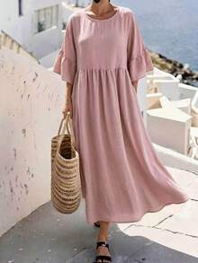 Ceyna Vestido de manga corta con pliegues para vacaciones en talla grande - Rosa - Ver 3
