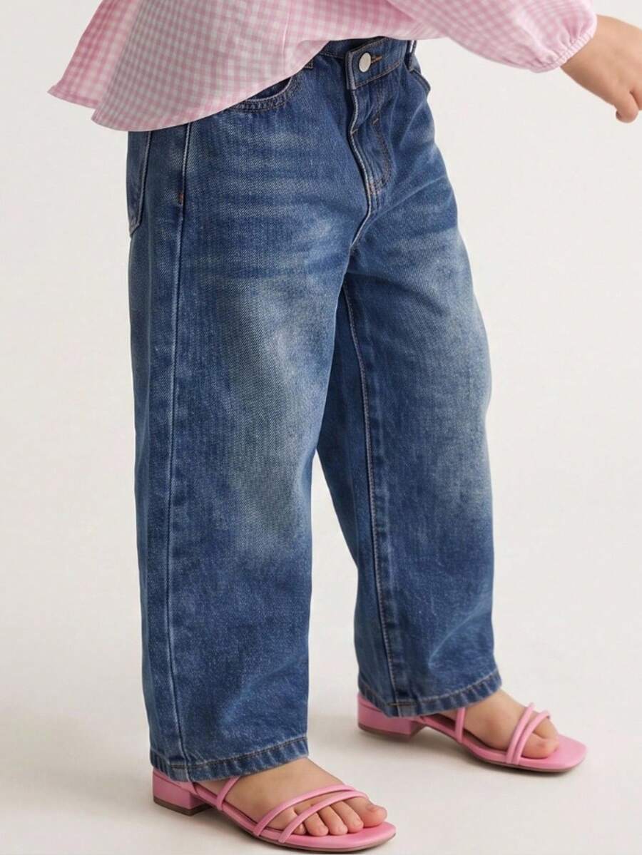 Maija Kids Maija Kids 年轻女孩 Y2K 复古蓝色牛仔保暖内衬不对称腰宽松裤,秋冬季,清凉/女孩感恩节 - 深色水洗藍 - 查看 1