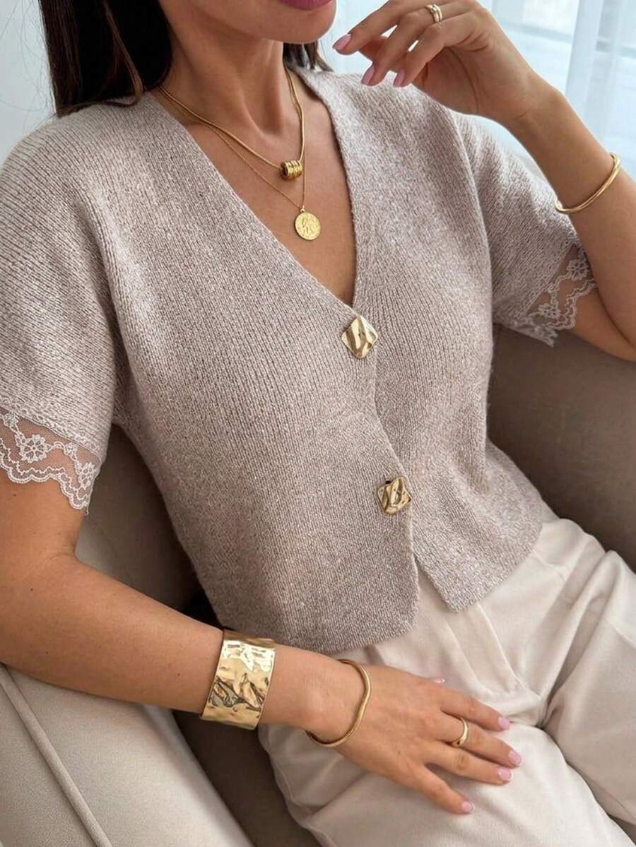 Firerie Minimalist French Elegant Fashionable Office High Tea Cafe Commute Deep V-Neck Lace Patchwork Short Sleeve Slim Fit Buttoned Beige Autumn