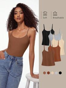 SHEIN BASICS 1件女款純色修身休閒細肩帶背心上衣 白色上衣 - 駝色 - 查看 9