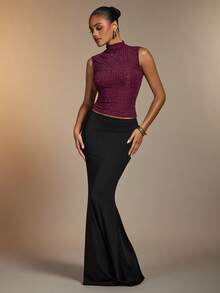 Hauture Women's Rhinestone Embellished Stand Collar Mesh Fitted Fashion Tank Top - Burgundy - View 4