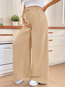SHEIN Maternity Solid Color Adjustable Waist Casual Daily Wide Leg Pants - Khaki - View 6