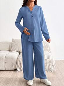 SHEIN Maternity Button-Front Half-Placket Long Sleeve Top And Adjustable Waist Long Pants 2 Pieces Set Fall - Baby Blue - View 6
