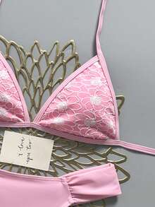 Swim Mod 女款 2 件組粉色紋理布料三角綁帶上衣與抓皺比基尼泳褲泳裝套裝，夏季海灘女孩泳衣 - 粉色 - 查看 4