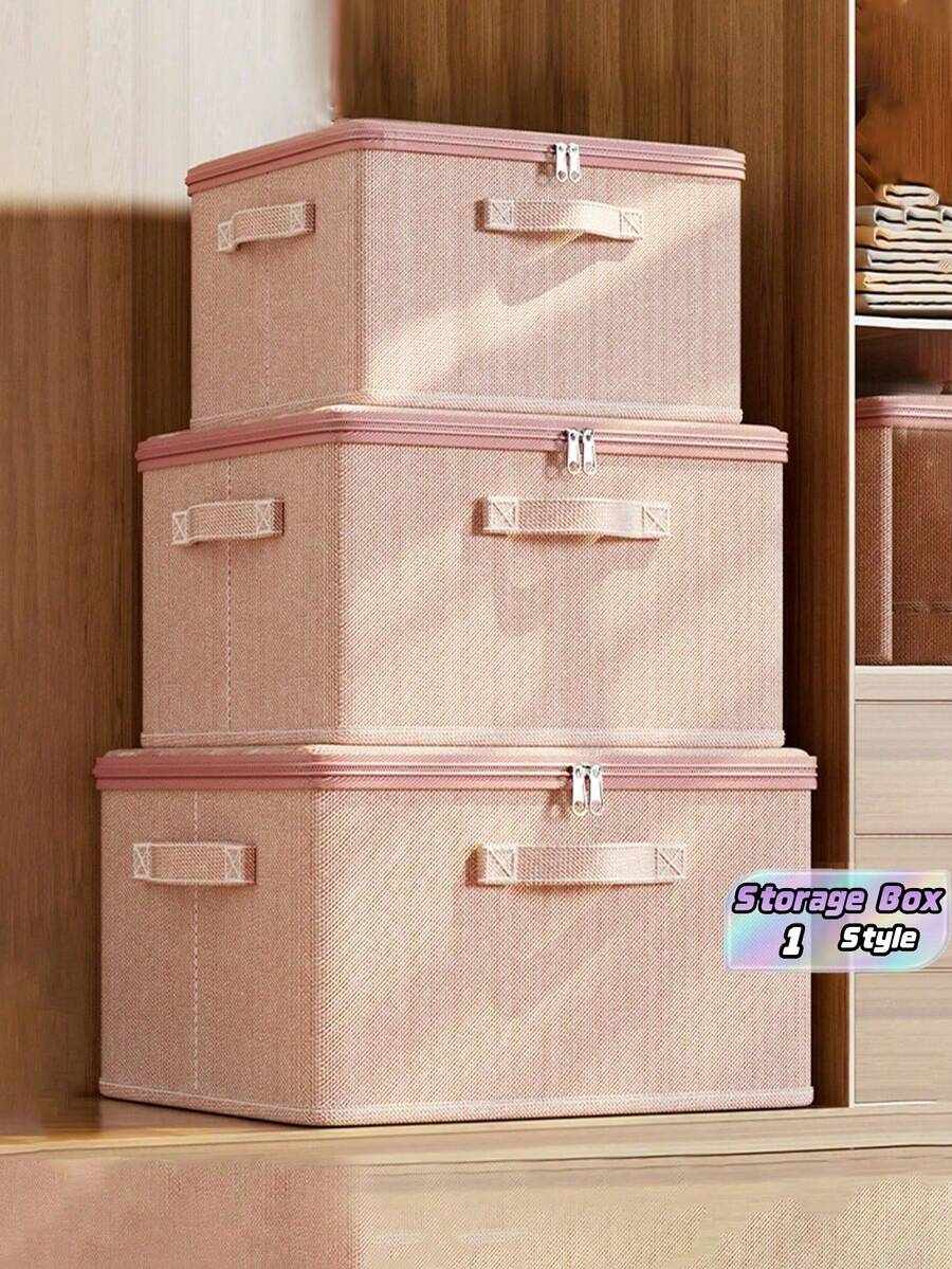 1 Large-Capacity Foldable Fabric Storage Box With Lid And Handle – Durable, Foldable Organizer Ideal For Storing Clothes, Toys, And Photos; Perfect For Closets, Bedrooms, And Home Use. - Baby Pink - View 1