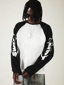 SUMWON Mens Color Block Raglan Long Sleeve Tee With Graffiti Star Print On Sleeves Crew Neck - Black and White - View 4