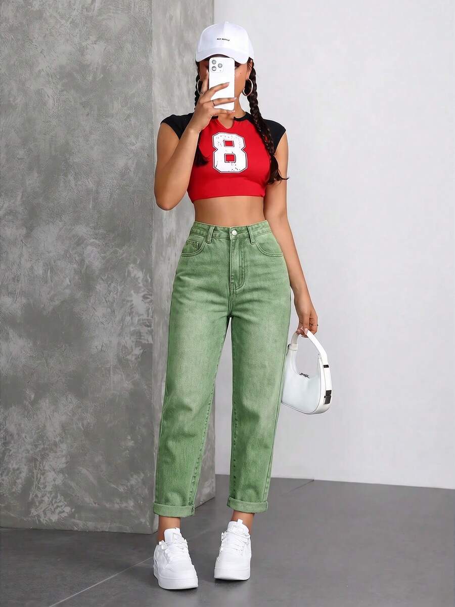 SHEIN ICON 休閒水洗高腰錐形牛仔褲 - 軍綠色 - 查看 1