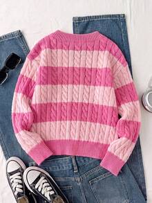 Girls' Striped Colorblock Cable Knit V-Neck Pullover Sweater, Suitable For Autumn/Winter And Outdoor Wear - Pink - View 2