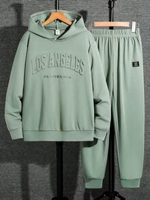 SHEIN 青少年男孩拼色寬鬆長袖連帽衫套裝，冬季，街頭風，畢業，返校 - 軍綠色 - 查看 7
