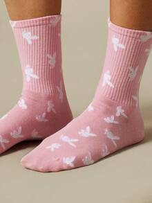 Missguided x Playboy Crew Socks With Allover Bird Print Ribbed Knit Cuff Casual Everyday Comfort Mid-Calf Length - Pink white - View 3