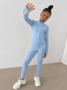 SHEIN Tween女孩純色紋理休閒長袖運動服，兒童秋冬套裝 - 淺藍色 - 查看 4