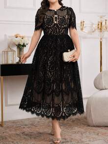 Reflora Plus Size Winter Elegant Lace Dress Evening Formal Black - Black - View 3