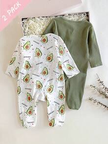 SHEIN Vintaside Kids 2件套长袖牛油果绿针织柔软舒适连体衣，新生儿最佳礼物 - 彩色 - 查看 2