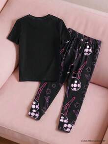 Miraculous Ladybug X SHEIN Young Girls Minimalist Printed Round Neck Short Sleeve Top And Pants Pajama Set - Black - View 2